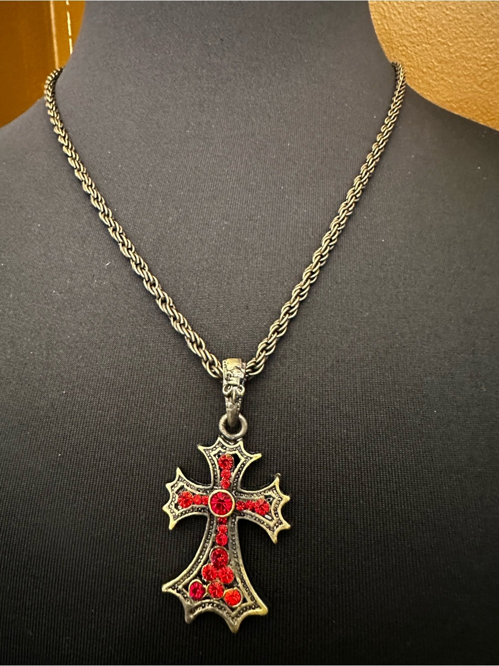 Vintage Cross Pendant Necklace with Red Crystals